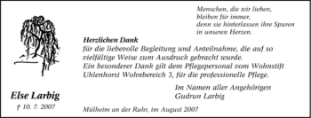 Traueranzeige von Else Larbig von Tageszeitung