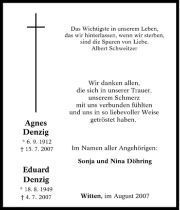 Traueranzeige von Agnes Denzig von Tageszeitung