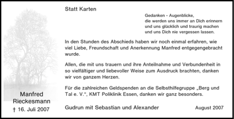  Traueranzeige für Manfred Rieckesmann vom 25.08.2007 aus Tageszeitung