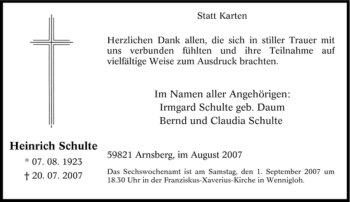 Traueranzeige von Heinrich Schulte von Tageszeitung