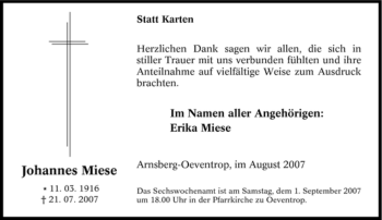 Traueranzeige von Johannes Miese von Tageszeitung