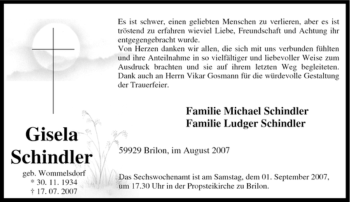 Traueranzeige von Gisela Schindler von Tageszeitung