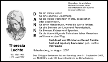 Traueranzeige von Theresia Luchte von Tageszeitung