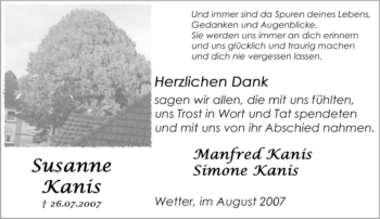 Traueranzeige von Susanne Kanis von Tageszeitung