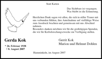 Traueranzeige von Gerda Kok von Tageszeitung