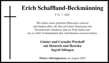 Traueranzeige von Erich Schaffland-Beckmänning von Tageszeitung