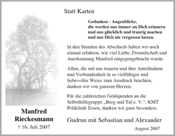 Traueranzeige von Manfred Rieckesmann von Tageszeitung