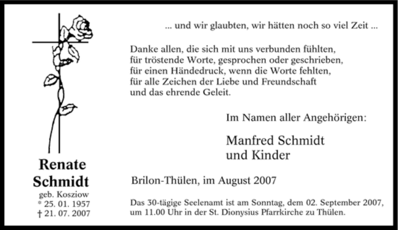  Traueranzeige für Renate Schmidt vom 25.08.2007 aus Tageszeitung