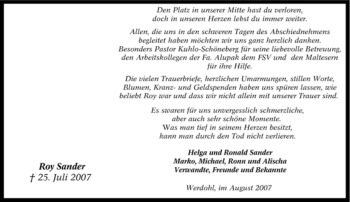 Traueranzeige von Roy Sander von Tageszeitung