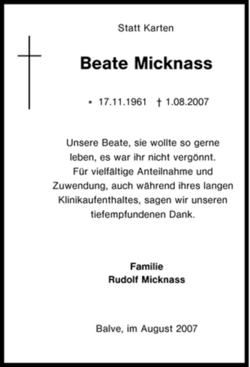Traueranzeige von Beate Micknass von Tageszeitung