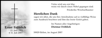 Traueranzeige von Ernst Fröhlich von Tageszeitung