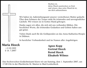 Traueranzeige von Maria Heeck von Tageszeitung