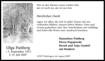 Traueranzeige von Olga Pattberg von Tageszeitung