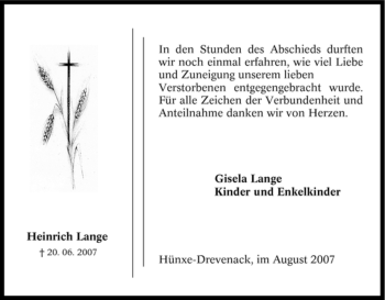 Traueranzeige von Heinrich Lange von Tageszeitung