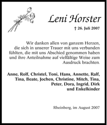 Traueranzeige von Leni Horster von Tageszeitung
