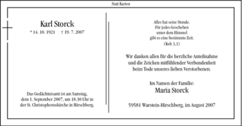 Traueranzeige von Karl Stork von Tageszeitung