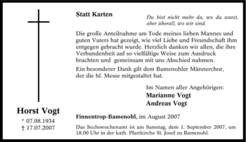Traueranzeige von Horst Vogt von Tageszeitung