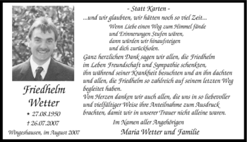 Traueranzeige von Friedhelm Wetter von Tageszeitung