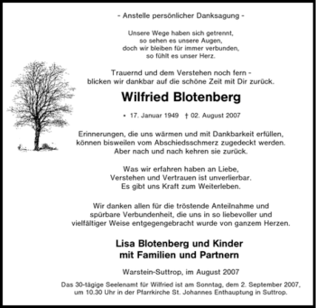 Traueranzeige von Wilfried Blotenberg von Tageszeitung