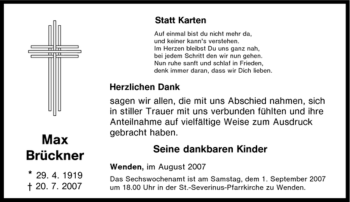Traueranzeige von Max Brückner von Tageszeitung