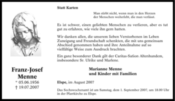 Traueranzeige von Franz-Josef Menne von Tageszeitung