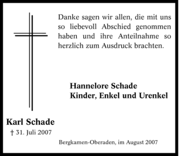 Traueranzeige von Karl Schade von Tageszeitung