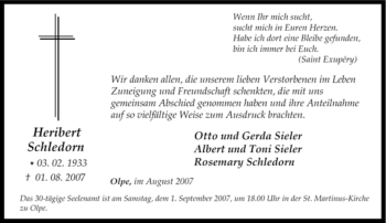 Traueranzeige von Heribert Schledorn von Tageszeitung