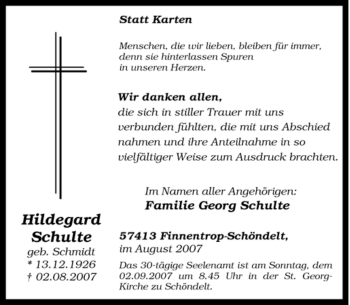 Traueranzeige von Hildegard Schulte von Tageszeitung