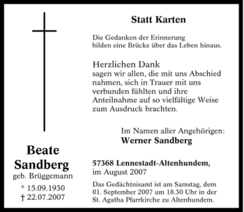 Traueranzeige von Beate Sandberg von Tageszeitung