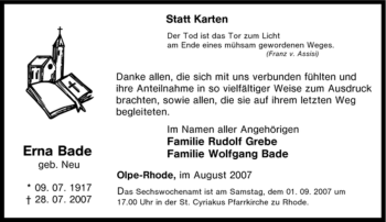 Traueranzeige von Erna Bade von Tageszeitung