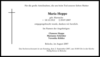 Traueranzeige von Maria Heppe von Tageszeitung