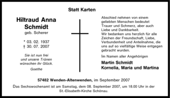 Traueranzeige von Hiltraud Anna Schmidt von Tageszeitung