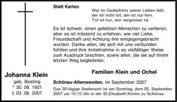 Traueranzeige von Johanna Klein von Tageszeitung