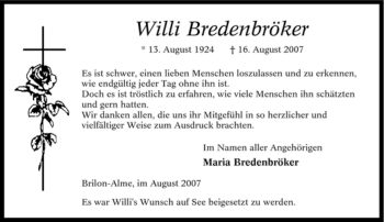 Traueranzeige von Willi Bredenbröker von Tageszeitung