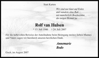 Traueranzeige von Rolf van Hulsen von Tageszeitung