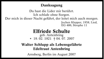 Traueranzeige von Elfriede Schulte von Tageszeitung