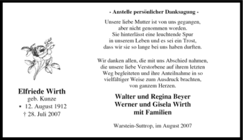 Traueranzeige von Elfriede Wirth von Tageszeitung