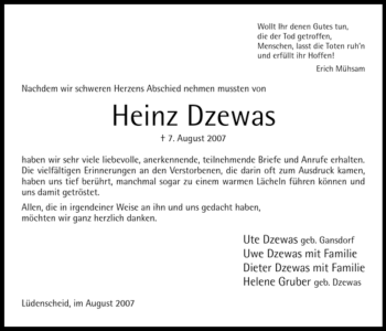Traueranzeige von Heinz Dzewas von Tageszeitung