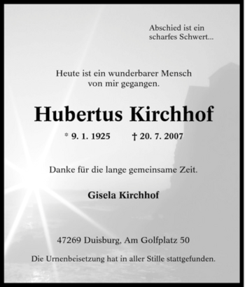 Traueranzeige von Hubertus Kirchhof von Tageszeitung