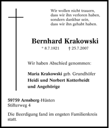 Traueranzeige von Bernhard Krakowski von Tageszeitung