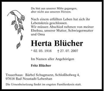 Traueranzeige von Herta Blücher von Tageszeitung