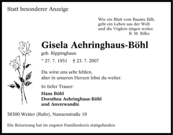 Traueranzeige von Gisela Aehringhaus-Böhl von Tageszeitung