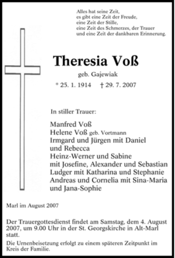 Traueranzeige von Theresia Voß von Tageszeitung