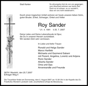 Traueranzeige von Roy Sander von Tageszeitung