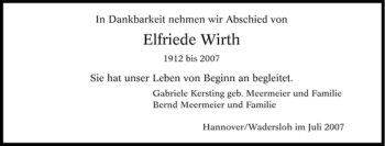 Traueranzeige von Elfriede Wirth von Tageszeitung