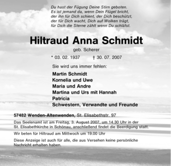 Traueranzeige von Hiltraud Anna Schmidt von Tageszeitung