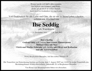 Traueranzeige von Ilse Seddig von Tageszeitung
