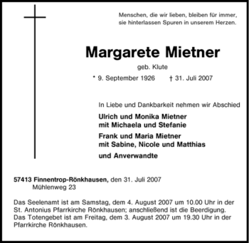 Traueranzeige von Margarete Mietner von Tageszeitung