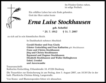 Traueranzeige von Erna Luise Stockhausen von Tageszeitung