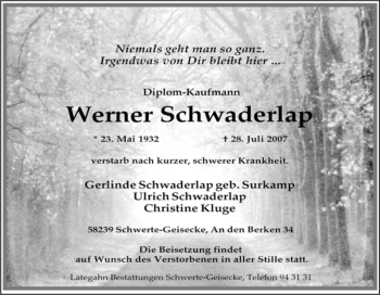Traueranzeige von Werner Schwaderlap von Tageszeitung